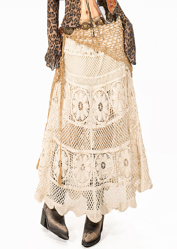 Italian Beige Hollow Out Knit A Line Skirt Summer