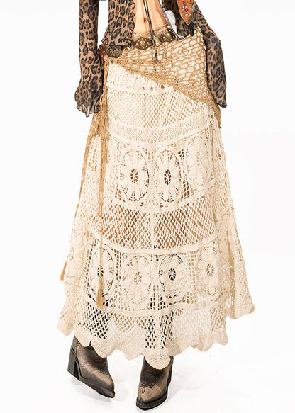 Italian Beige Hollow Out Knit A Line Skirt Summer