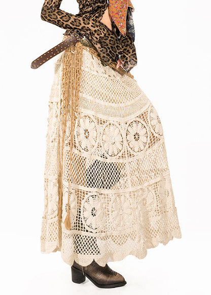 Italian Beige Hollow Out Knit A Line Skirt Summer