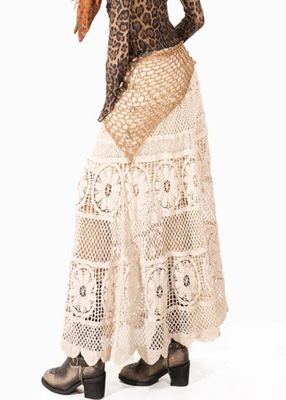 Italian Beige Hollow Out Knit A Line Skirt Summer