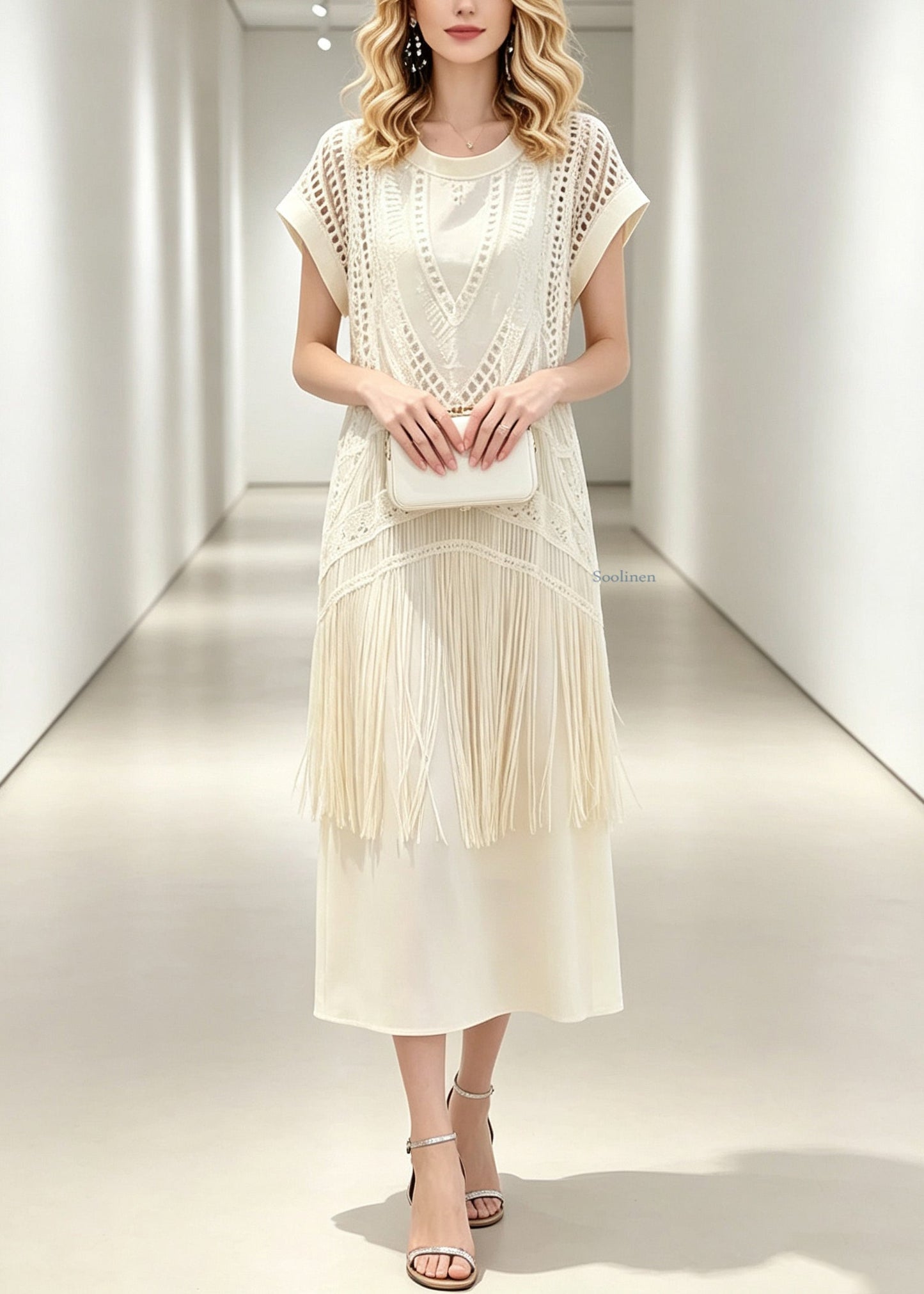 Italian Beige Hollow Out Tassel Patchwork Fake Two-Piece Maxi Dresses Summer