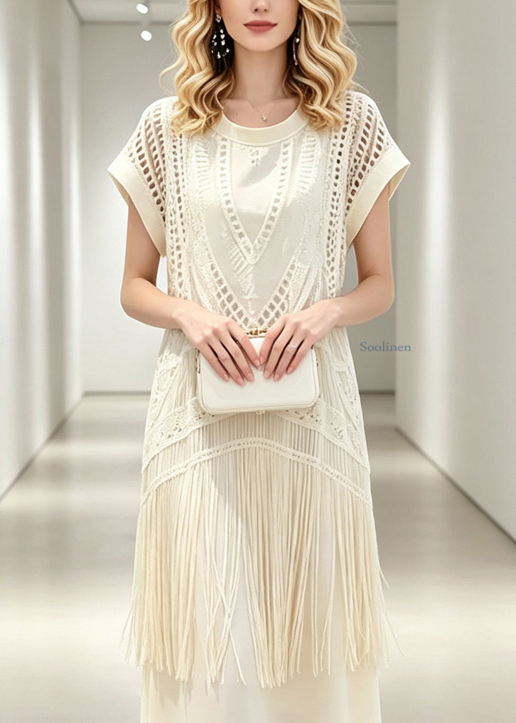 Italian Beige Hollow Out Tassel Patchwork Fake Two-Piece Maxi Dresses Summer