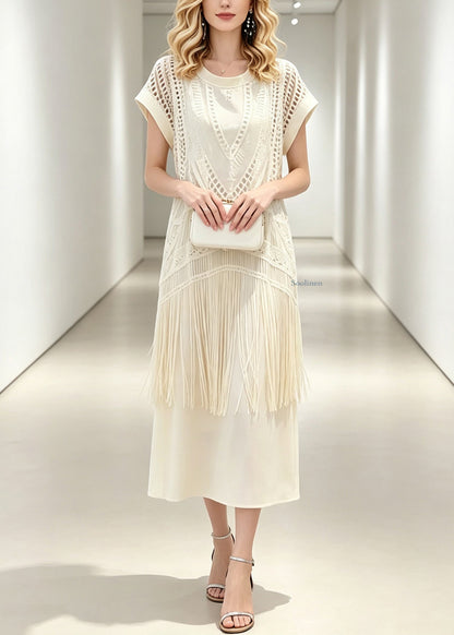Italian Beige Hollow Out Tassel Patchwork Fake Two-Piece Maxi Dresses Summer