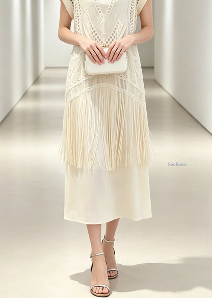Italian Beige Hollow Out Tassel Patchwork Fake Two-Piece Maxi Dresses Summer