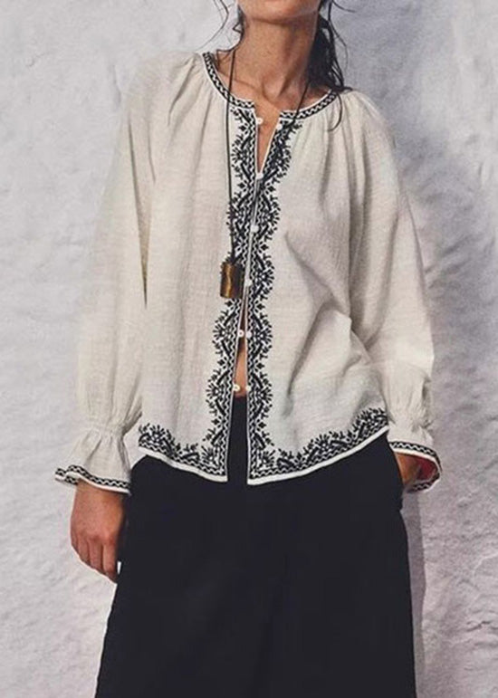 Italian Beige O Neck Embroidered Cotton Tops Fall