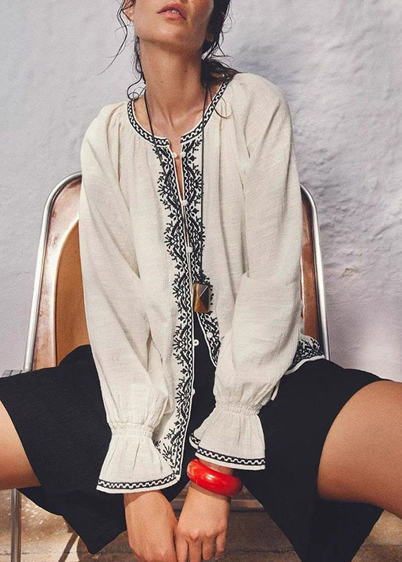 Italian Beige O Neck Embroidered Cotton Tops Fall