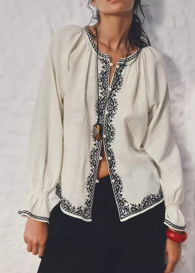 Italian Beige O Neck Embroidered Cotton Tops Fall