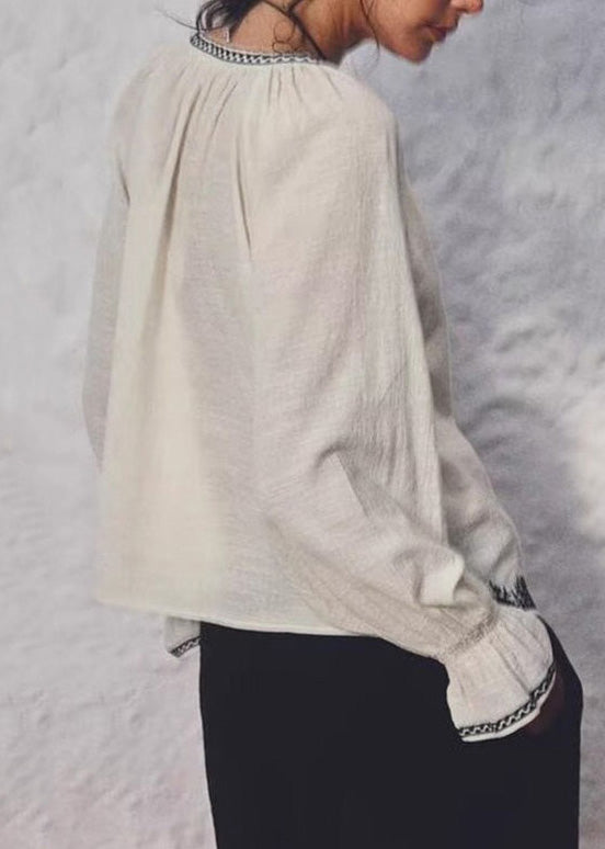 Italian Beige O Neck Embroidered Cotton Tops Fall