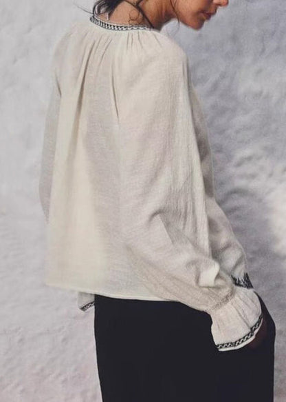 Italian Beige O Neck Embroidered Cotton Tops Fall