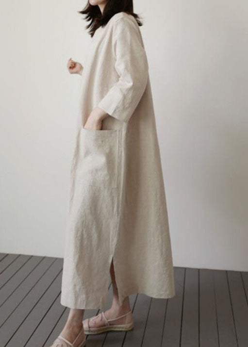 Italienisches beiges O-Ausschnitt seitlich offen Baumwollkleid Frühling