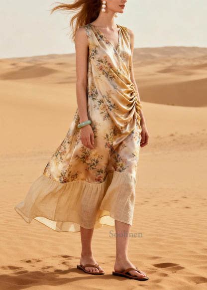 Italian Beige Print Patchwork Wrinkled Silk Maxi Dress Summer
