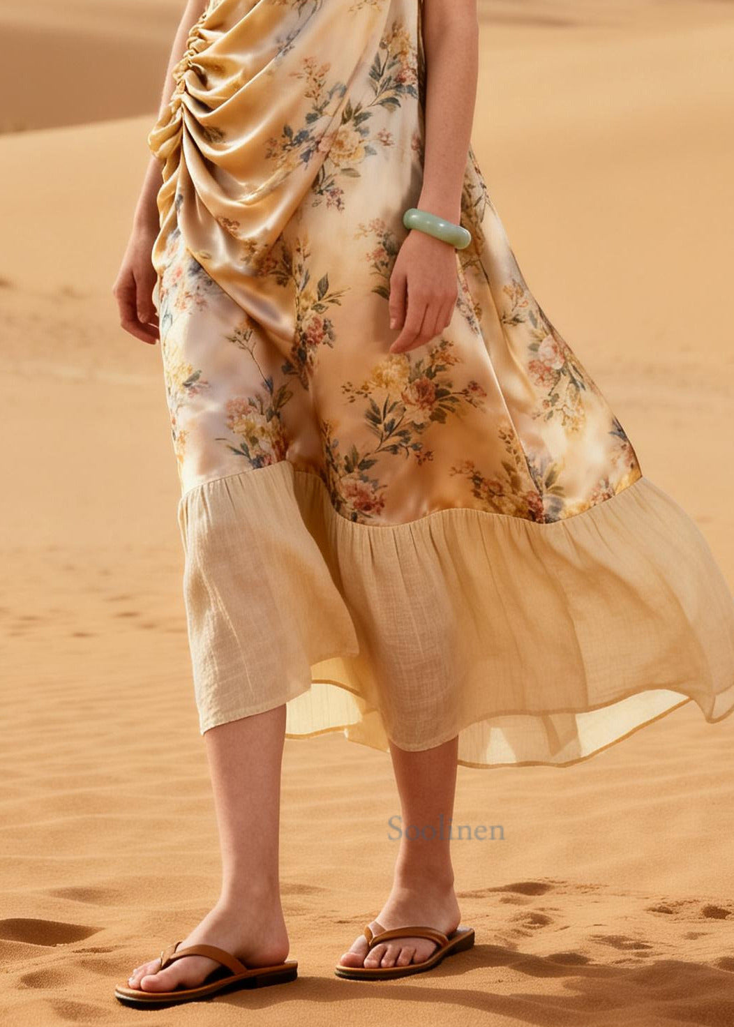 Italian Beige Print Patchwork Wrinkled Silk Maxi Dress Summer
