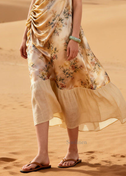 Italian Beige Print Patchwork Wrinkled Silk Maxi Dress Summer