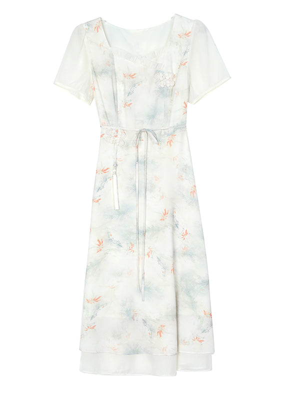 Italienische Beige Rüschen Square Kragen Print Chiffon Kleider Sommer