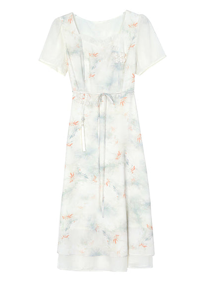 Italienische Beige Rüschen Square Kragen Print Chiffon Kleider Sommer