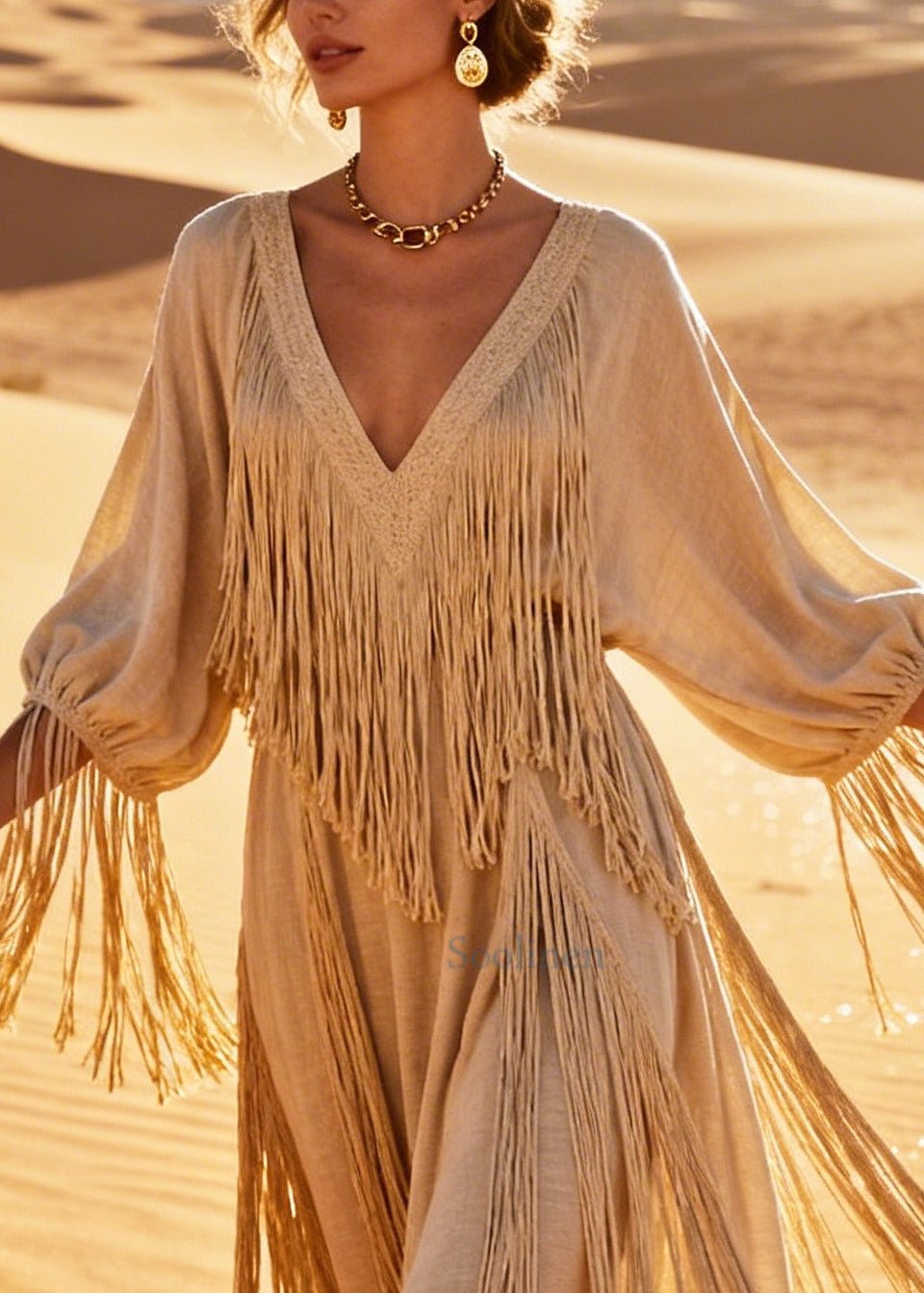 Italian Beige Tasseled Oversized Cotton Holiay Dress Summer