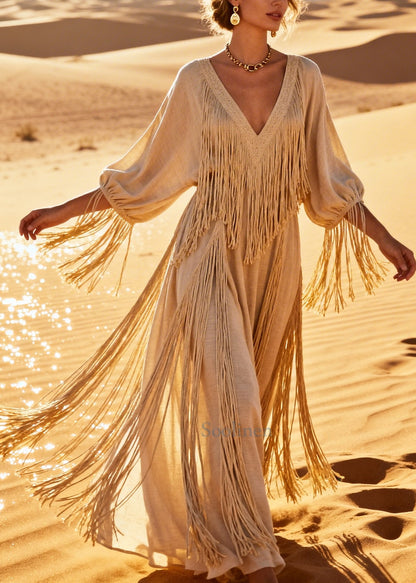Italian Beige Tasseled Oversized Cotton Holiay Dress Summer