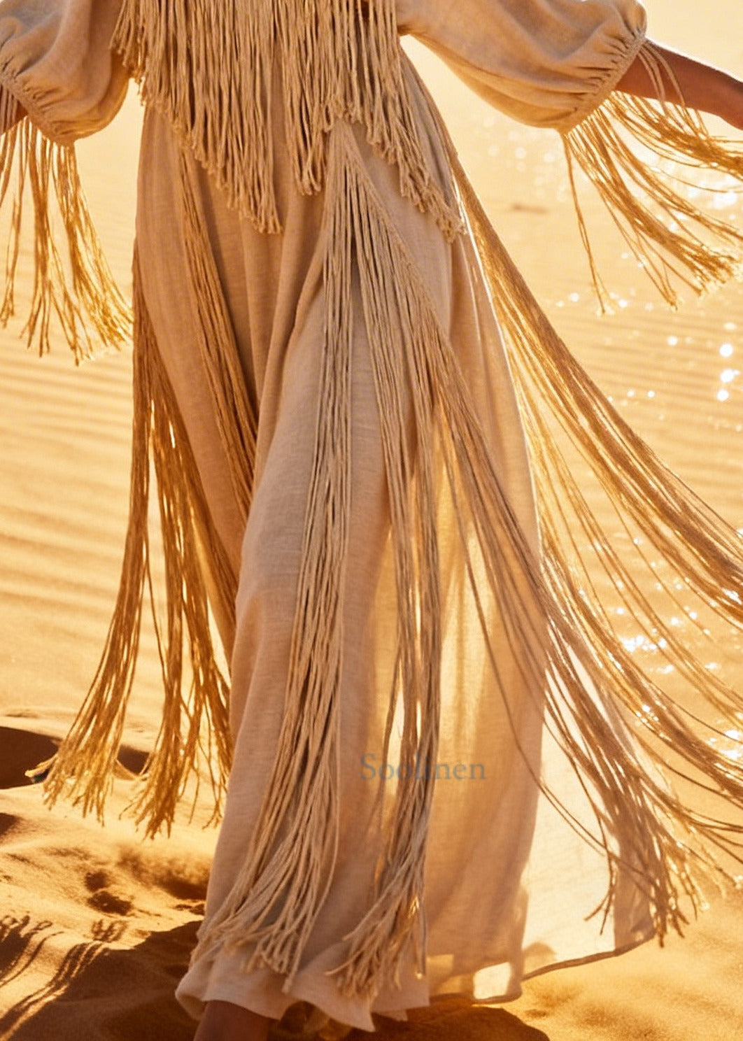 Italian Beige Tasseled Oversized Cotton Holiay Dress Summer