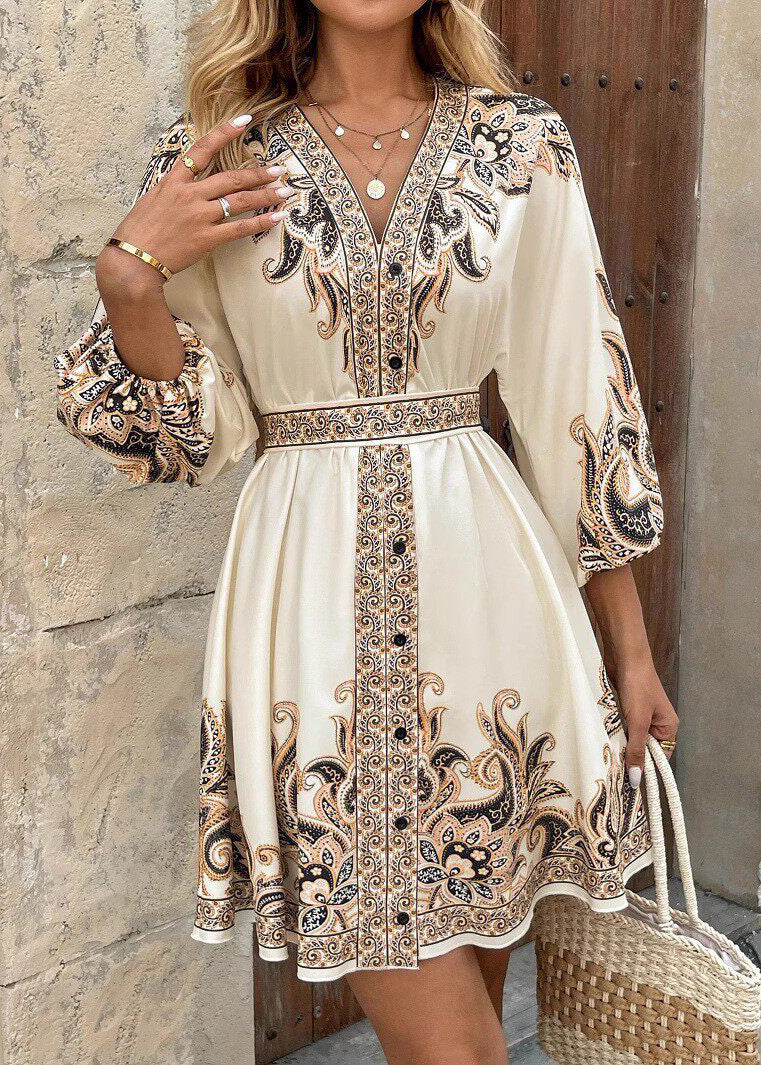Italian Beige Tie Waist Print Silk Dress Summer