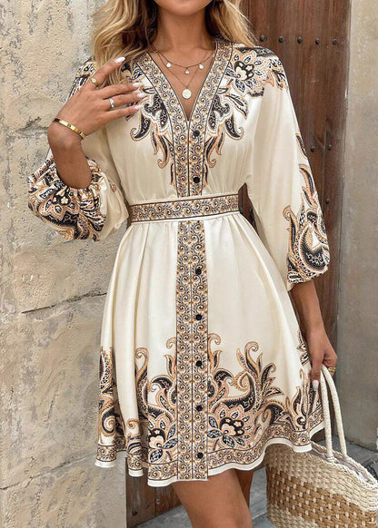 Italian Beige Tie Waist Print Silk Dress Summer