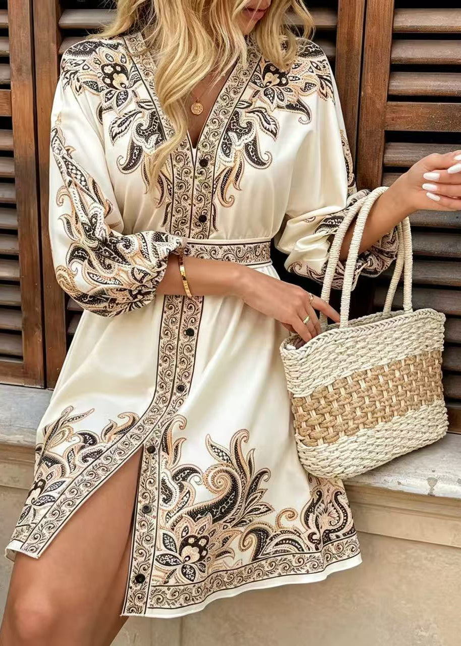 Italian Beige Tie Waist Print Silk Dress Summer