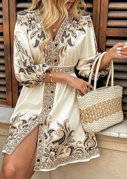 Italian Beige Tie Waist Print Silk Dress Summer