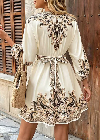 Italian Beige Tie Waist Print Silk Dress Summer