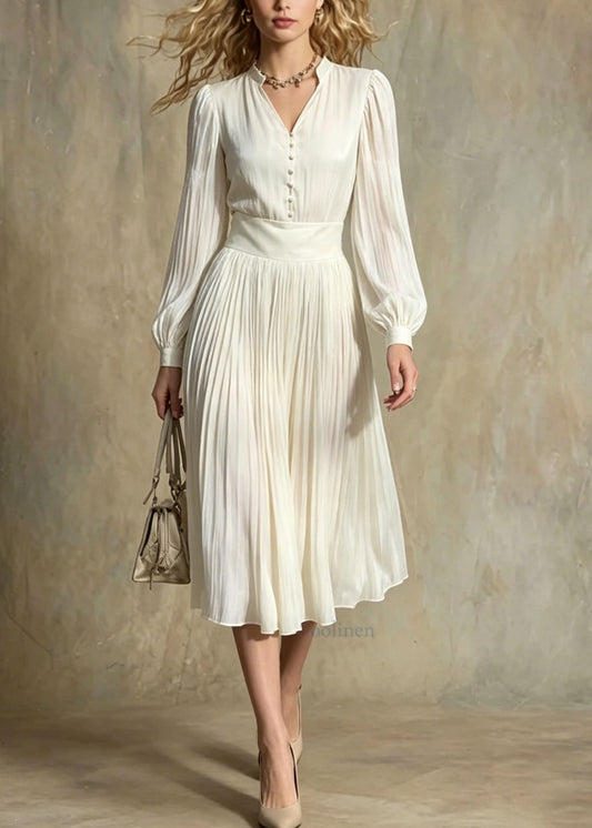 Italian Beige V Neck Button Patchwork Silk Maxi Dresses Lantern Sleeve