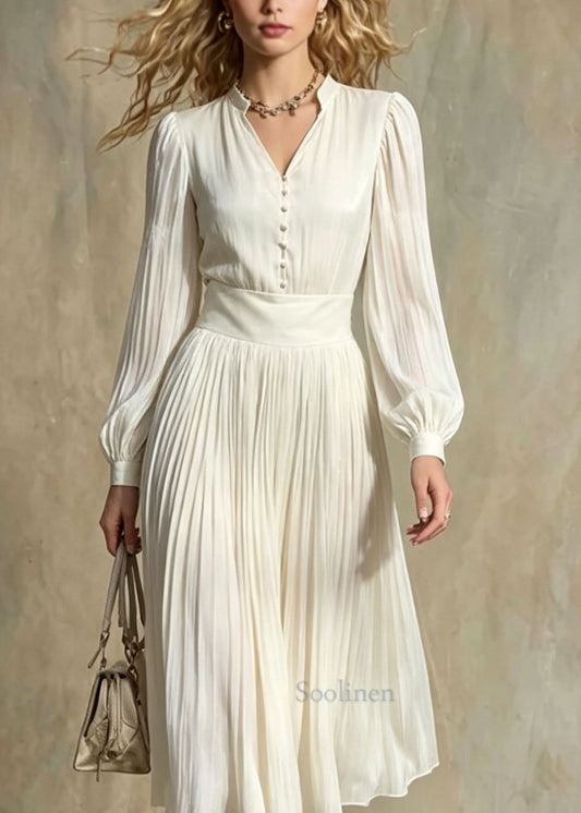 Italian Beige V Neck Button Patchwork Silk Maxi Dresses Lantern Sleeve