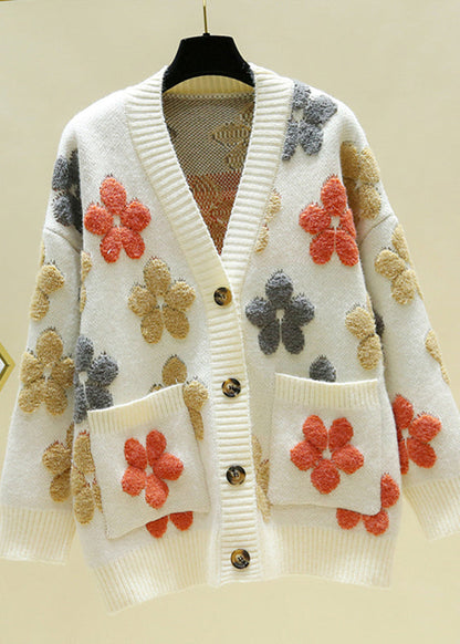 Italienische Beige V-Ausschnitt bestickt Floral gemütliche Strick Cardigans Herbst