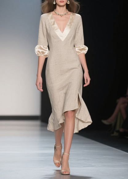 Italian Beige V Neck Patchwork Linen Silk Dresses Lantern Sleeve