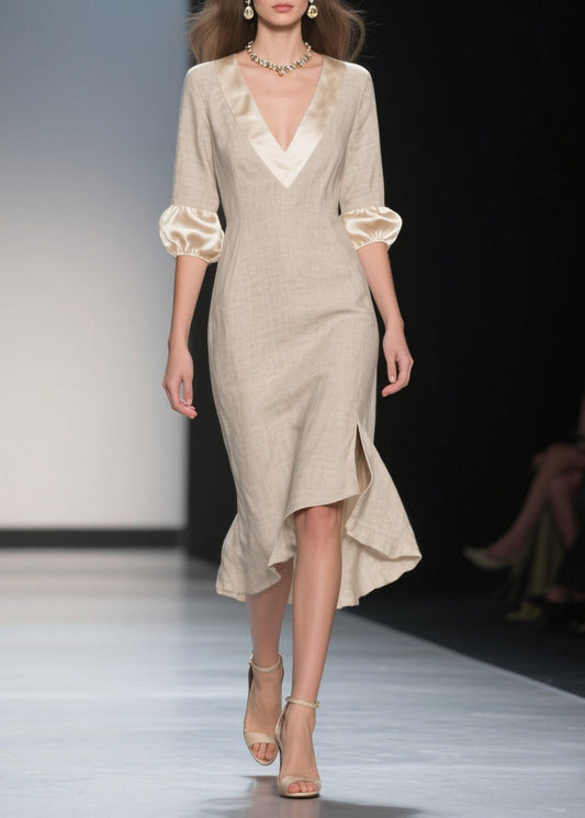Italian Beige V Neck Patchwork Linen Silk Dresses Lantern Sleeve