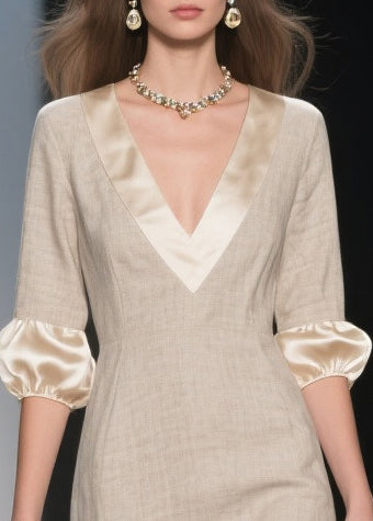 Italian Beige V Neck Patchwork Linen Silk Dresses Lantern Sleeve