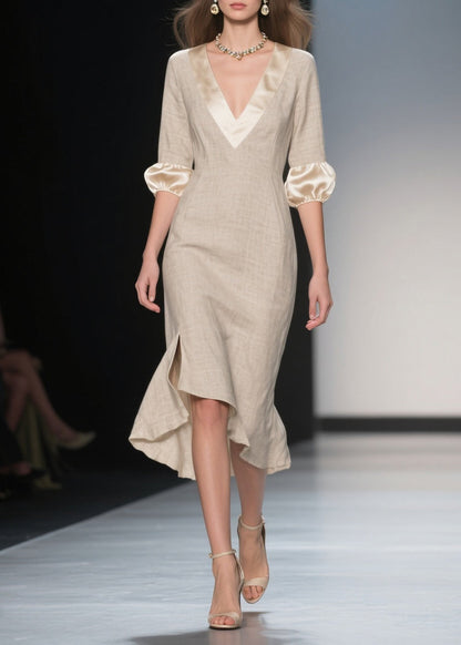 Italian Beige V Neck Patchwork Linen Silk Dresses Lantern Sleeve