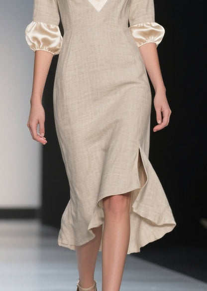 Italian Beige V Neck Patchwork Linen Silk Dresses Lantern Sleeve