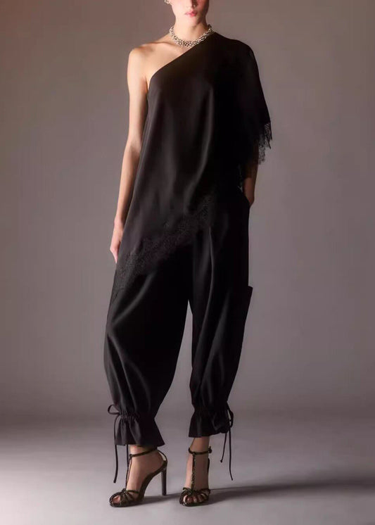 Italian Black Cold Shoulder Lace Patchwork Silk Top Summer