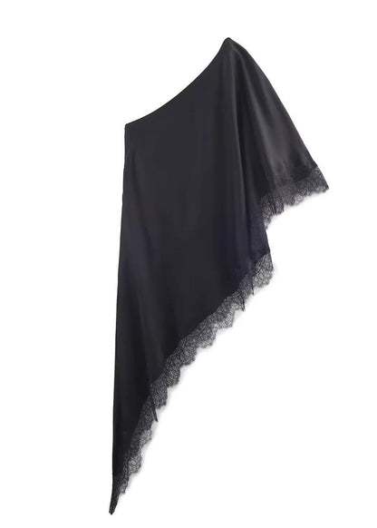 Italian Black Cold Shoulder Lace Patchwork Silk Top Summer