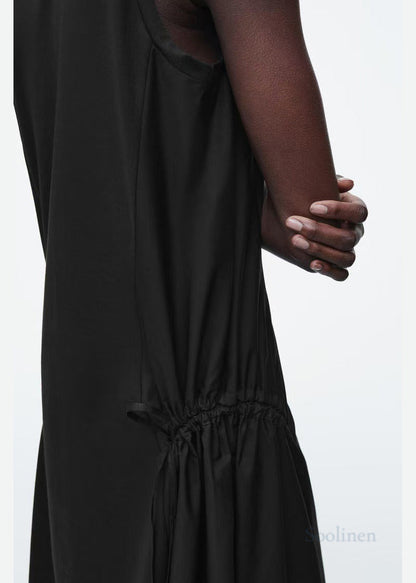 Italian Black Drawstring Cotton Party Dress Sleeveless