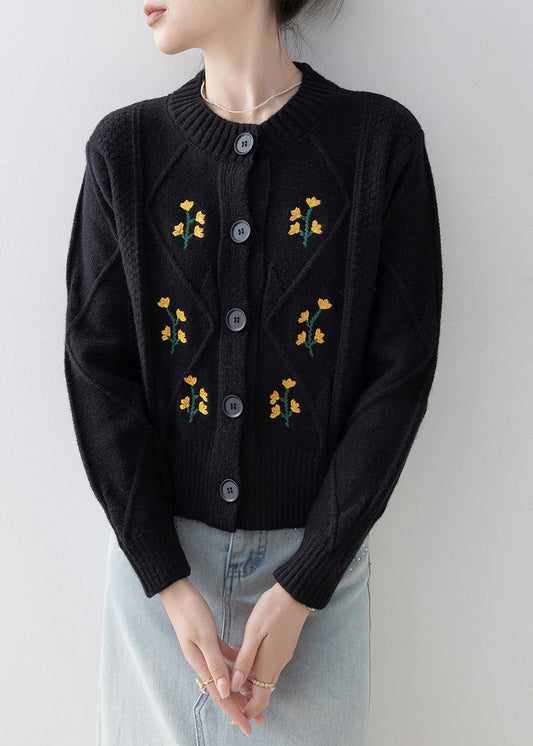 Italian Black Embroidered Thick Knit Cardigan Winter