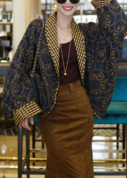 Italienischer schwarzer Baumwollmantel mit beidseitiger Stickerei und Fledermausärmeln