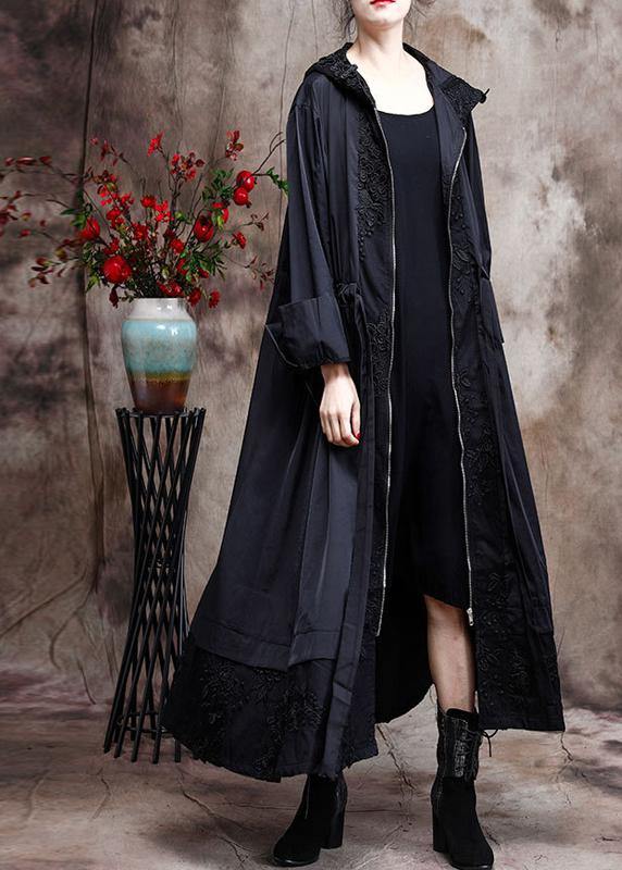 Italian Black Embroidery Plus Size Coat Hooded Maxi Coats - SooLinen