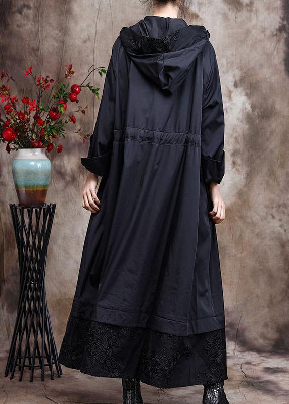 Italian Black Embroidery Plus Size Coat Hooded Maxi Coats - SooLinen