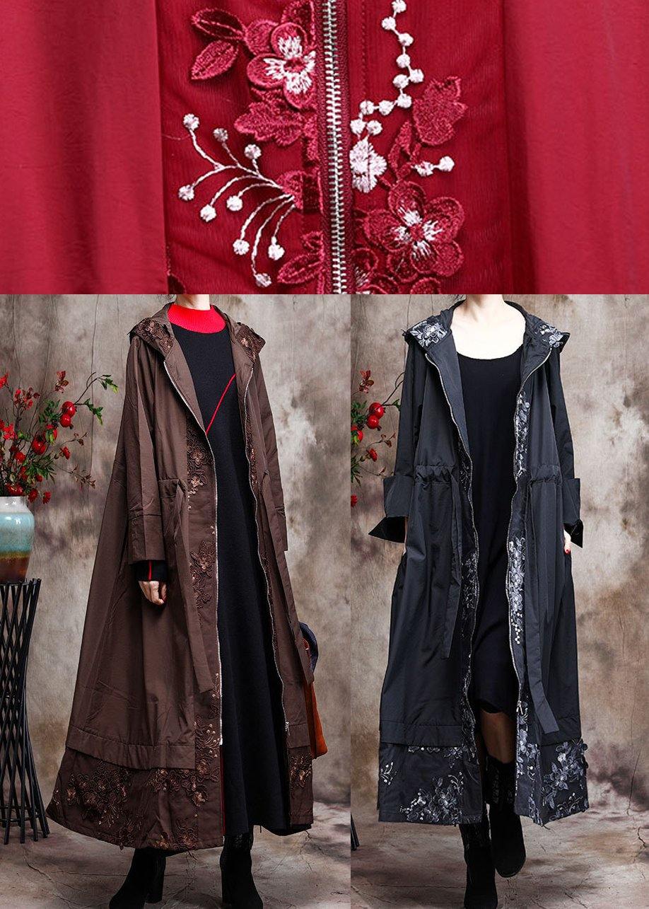 Italian Black Embroidery Plus Size Coat Hooded Maxi Coats - SooLinen