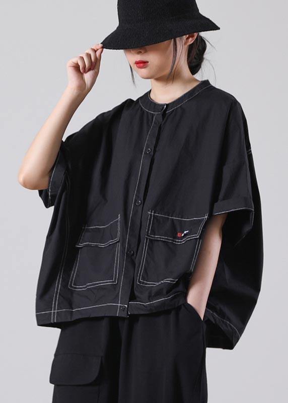 Italian Black Half Sleeve Cotton Shirt Top Summer - SooLinen