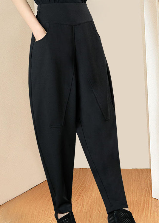 Italienische schwarze lässige Winterhose mit hoher Taille und Taschen