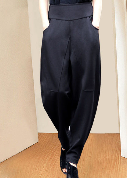 Italienische schwarze lässige Winterhose mit hoher Taille und Taschen