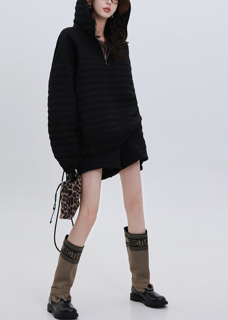 Conjunto de dos piezas italiano negro con capucha de gran tamaño y relleno de algodón fino para invierno