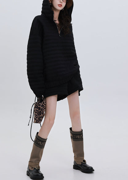 Conjunto de dos piezas italiano negro con capucha de gran tamaño y relleno de algodón fino para invierno