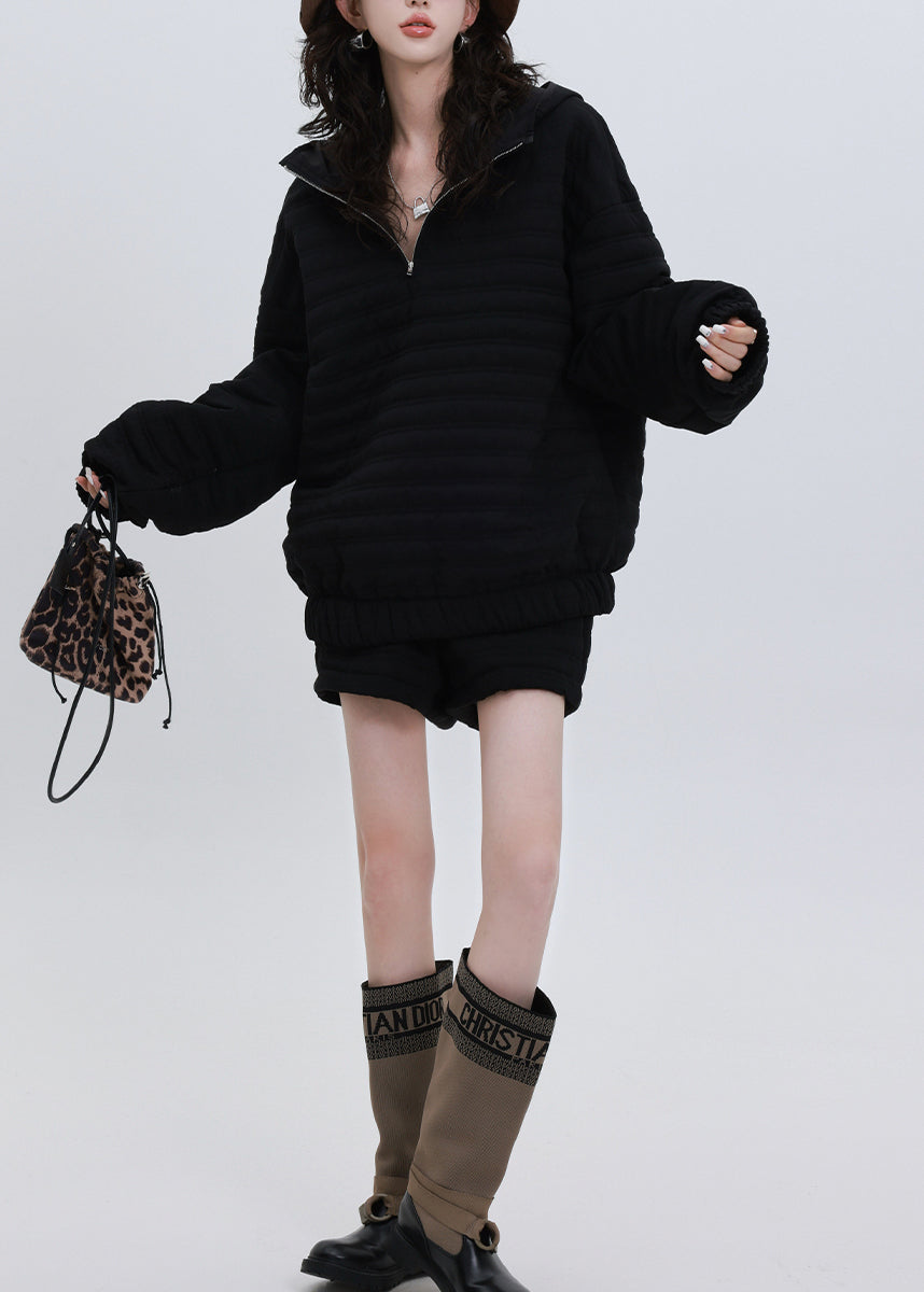 Conjunto de dos piezas italiano negro con capucha de gran tamaño y relleno de algodón fino para invierno