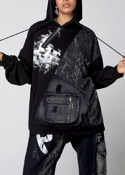 Italienische Schwarze Kapuzen Patchwork Baumwolle Lose Sweatshirts Top Frühling